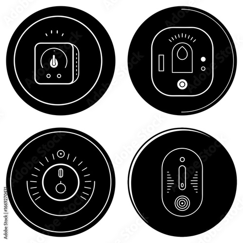 Four circular black and white icons depicting various control panels and interfaces designs elegantly