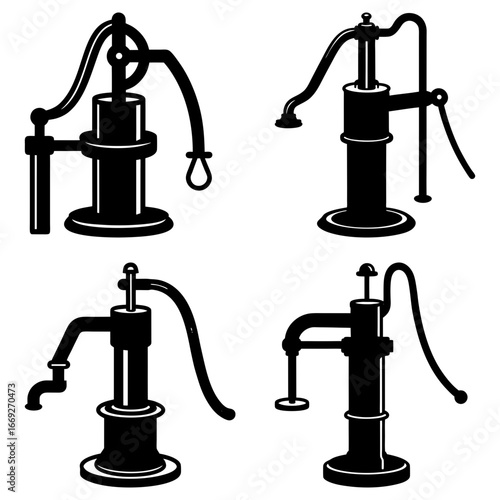 Four black and white illustrations of vintage water pumps with handles and spouts depicted in a set