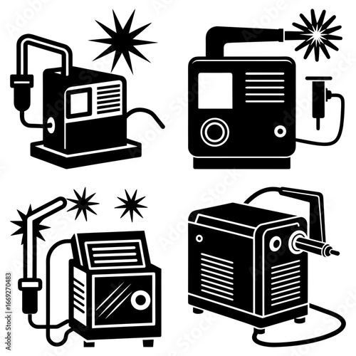 Illustration of four welding machines with sparks in black and white vector format design element art