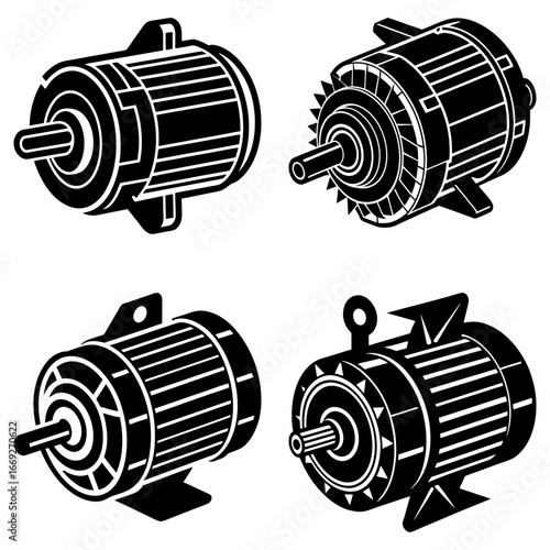 Illustration showing four different styles of black and white electric motors in a symmetrical arrangement