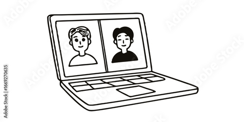 A laptop displaying two people in a video call with simple black and white line drawing illustration