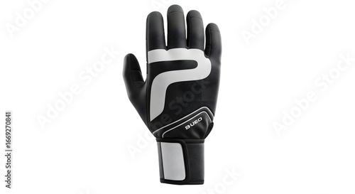 Black and white goalkeeper glove isolated on black background, perfect for sports or soccer imagery