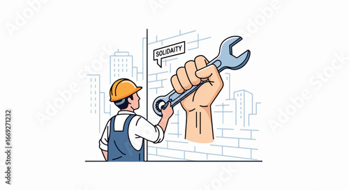 Construction worker with wrench fixing a wall.