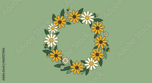 Decorative Floral Wreath with Yellow and White Flowers Vector