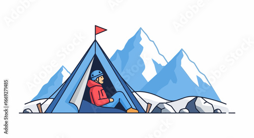 Person resting in a tent with majestic snowy mountains behind.