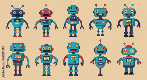 Vintage Vector Illustration of Retro Robots in Flat Cartoon Style