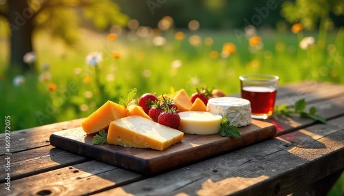 A gourmet cheese board sits on a rustic wooden picnic table outdoors, bathed in warm sunlight Surrounded by wildflowers, it offers a picturesque scene of idyllic outdoor dining , blue sky, farm
