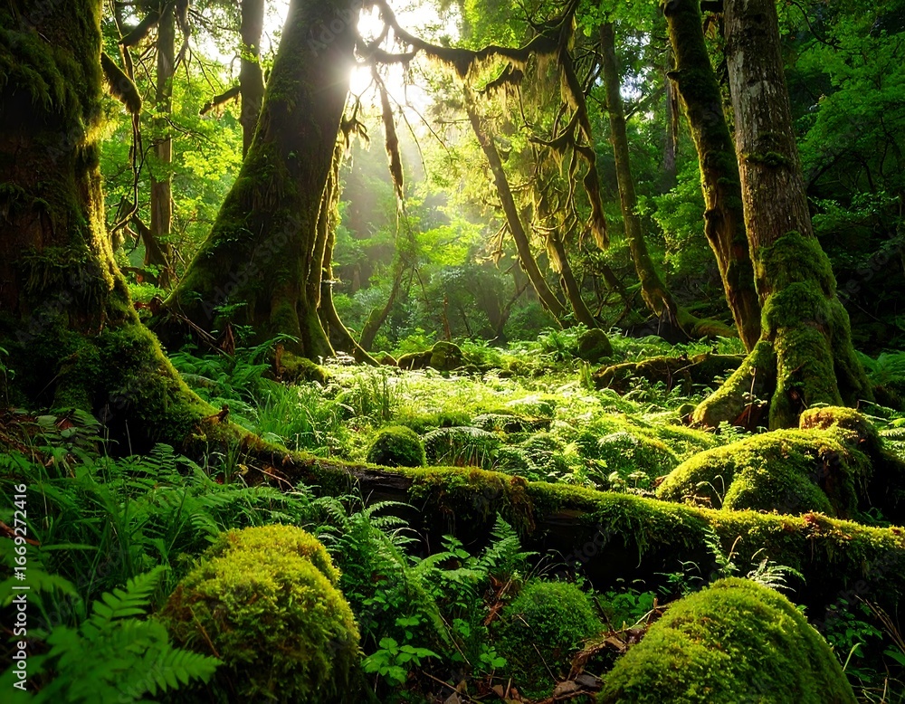 Fototapeta premium Sunlit Mossy Forest with Lush Green.