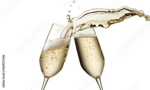 Two Champagne Flutes Toasting with Sparkling Wine Splash, Festive Celebration, New Years Eve, Holiday Cheers