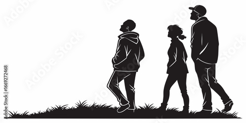 Silhouette of a family walking together in a field with grass on a white background in monochrome style