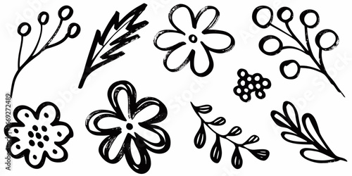 Hand Drawn Black Floral Elements and Berries on White Background flower berry