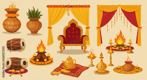 Hindu Puja Ritual Items with Traditional Decoration Vector
