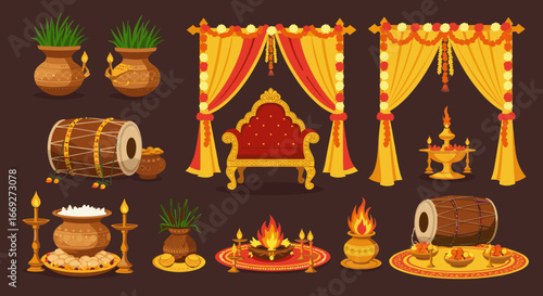 Hindu Puja Ritual Items with Traditional Decoration Vector