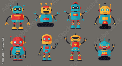 Vintage Vector Illustration of Retro Robots in Flat Cartoon Style