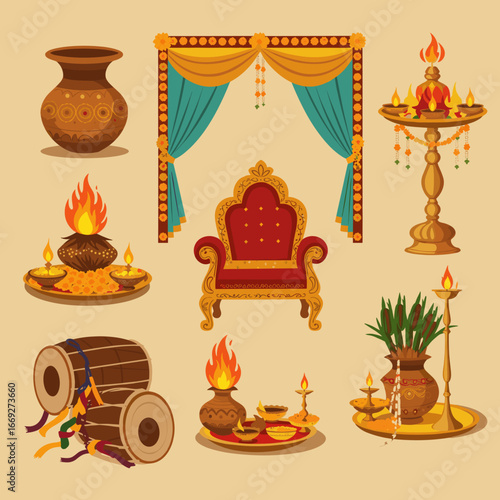 Hindu Puja Ritual Items with Traditional Decoration Vector