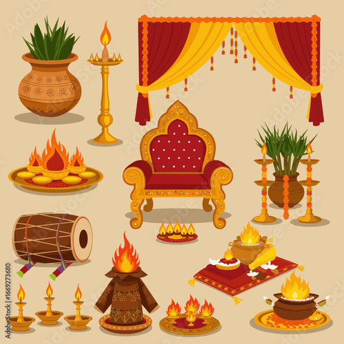 Hindu Puja Ritual Items with Traditional Decoration Vector