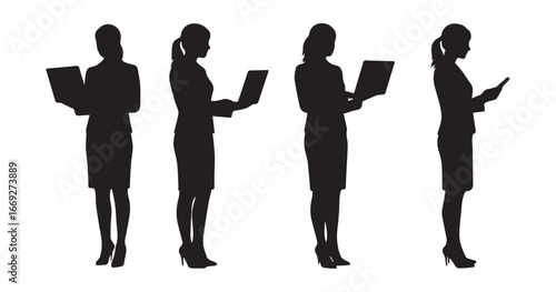 Business Women Working with Laptops Silhouette Set