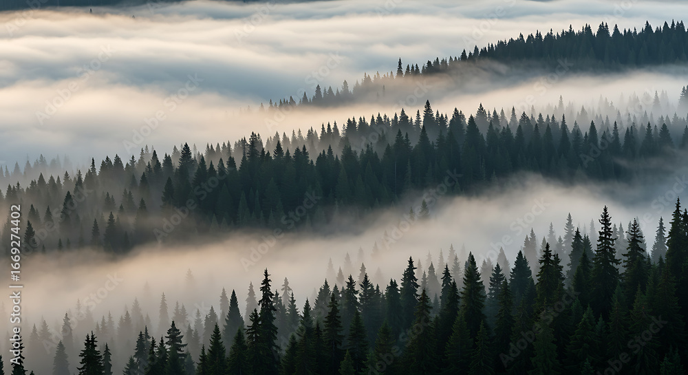 Fototapeta premium Misty mountains with foggy fir forest at sunrise