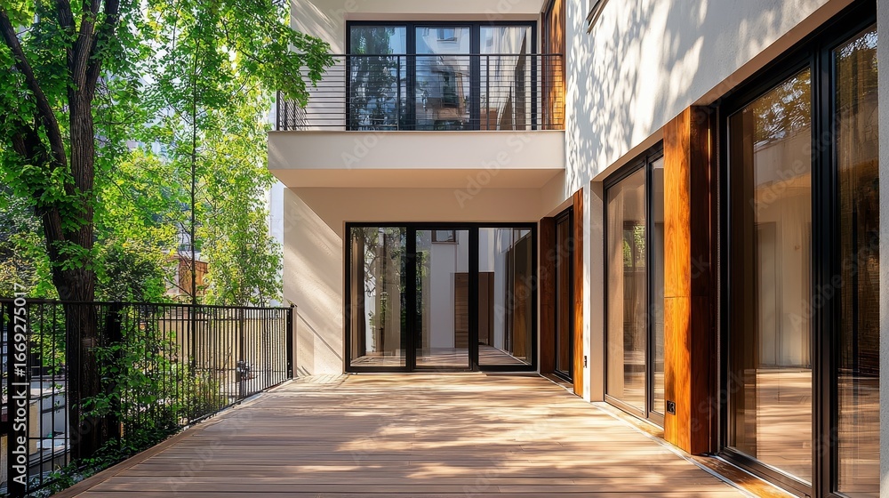 Fototapeta premium Closed terrace of a residential house with wooden and black metal windows, wooden floors,