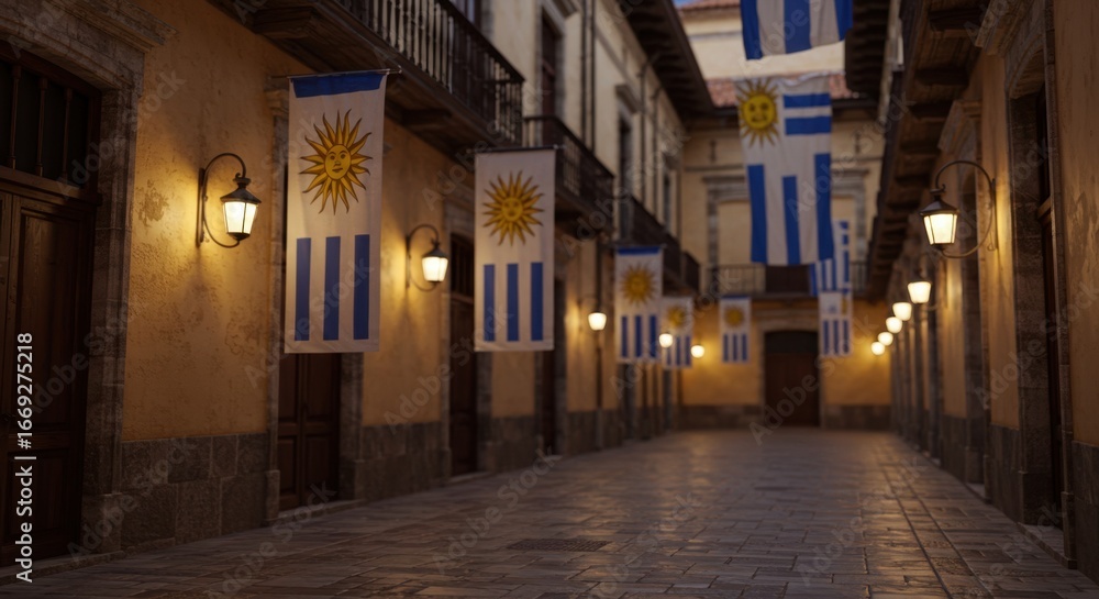 Fototapeta premium Evening Ambiance in a Historic Uruguayan Street Decorated with National Flags and Lamplights