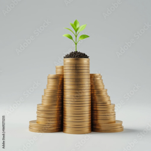 Small green plant grows from stack of golden coins, symbolizing financial growth and investment success. image conveys prosperity and sustainable development