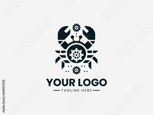 Mechanical steampunk crab with automotive parts and Victorian era details vector logo