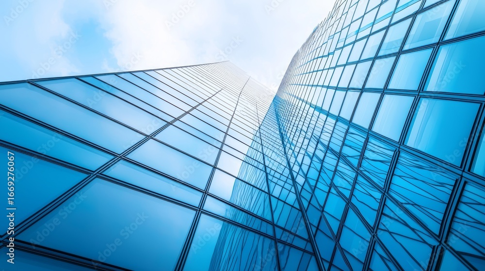 Obraz premium Fragment of a modern office building. Abstract geometric background. Part of the facade of a skyscraper with glass windows.