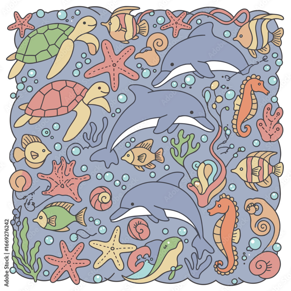 Obraz premium Cartoon Sea Animals with Fish Dolphin Turtle and Octopus