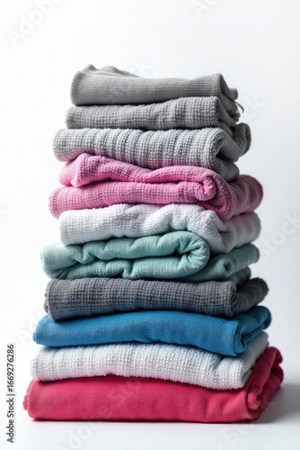 Freshly Laundered Clothes Neatly Stacked Professional Laundry Service, Clean Linens, Crisp Garments Ready for Pickup or Delivery.  Efficiency, Organization, and a Spotless Finish.