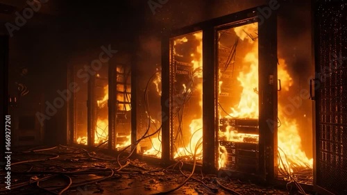Fiery devastation engulfs server racks in a dark, intense blaze.