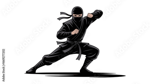 Dynamic ninja warrior in martial arts stance ready for action