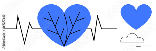 Blue heart with leaf vein details, heartbeat line, small heart, and a cloud element. Ideal for health, wellness, environment, sustainability, vitality eco-health and simple landing page