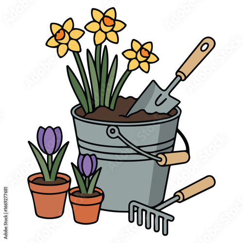 Vector illustration of planting flowers with pots gardening tools
