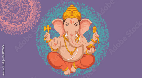 Lord Ganesha Illustration Sitting with Four Hands and Sacred Symbols