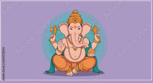 Lord Ganesha Illustration Sitting with Four Hands and Sacred Symbols