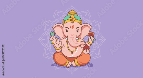 Lord Ganesha Illustration Sitting with Four Hands and Sacred Symbols