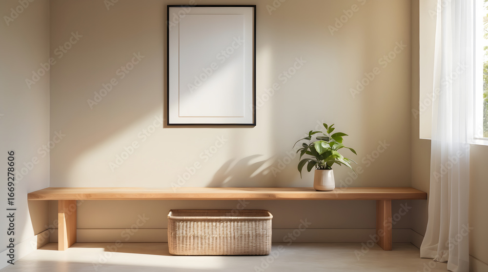 Fototapeta premium Living room interior with cozy armchair, panoramic window and sideboard