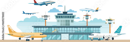 Busy airport terminal with multiple airplanes parked and taking off in the background under a clear blue sky.