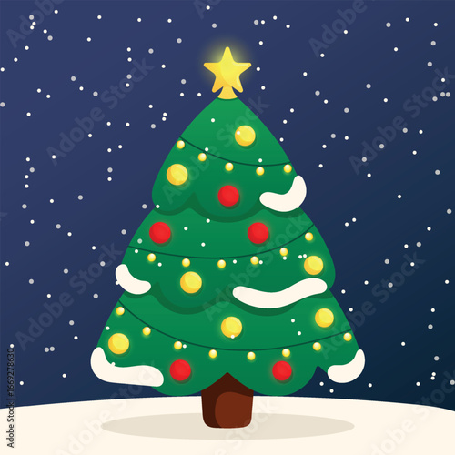 Christmas tree with lights, baubles and snow, star on top, winter vector illustration
