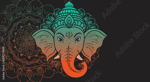 Lord Ganesha Illustration Sitting with Four Hands and Sacred Symbols