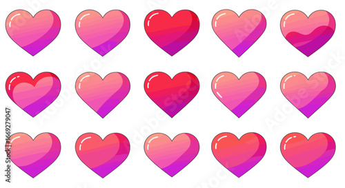Set of Heart Icons in Gradient Pink and Red Colors