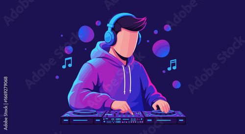 DJ Playing Music with Headphones and Mixer on Stage