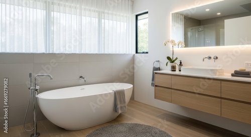 Modern luxury bathroom with freestanding tub and floating vanity
