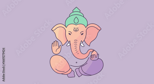 Lord Ganesha Illustration Sitting with Four Hands and Sacred Symbols