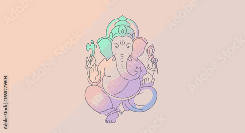 Lord Ganesha Illustration Sitting with Four Hands and Sacred Symbols
