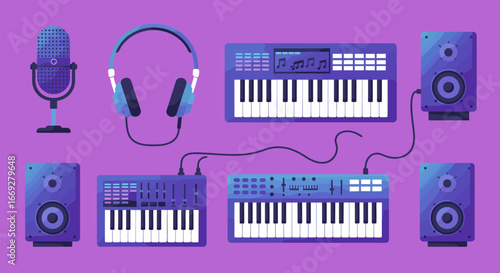 Music Studio Equipment with Microphone Headphones and Keyboards