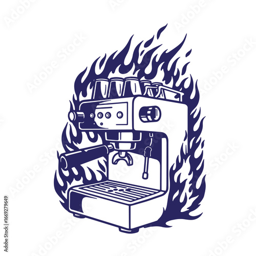 Artistic vector illustration of a burning espresso machine with coffee cups ready for brewing