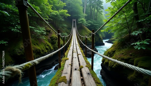 Path of Adventure A Traditional Rope and Wood Bridge Leads Through a Sun-Dappled Woodland over a Deep Gorge
