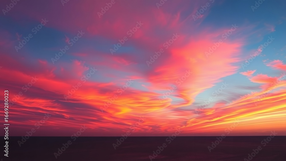Fototapeta premium Vibrant sunset sky with fiery orange and pink clouds over a dark horizon