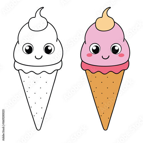 A cute ice cream cone coloring page featuring a smiling scoop on a crispy cone. Fun and playful design, perfect for kids to color and enjoy sweet creativity!
